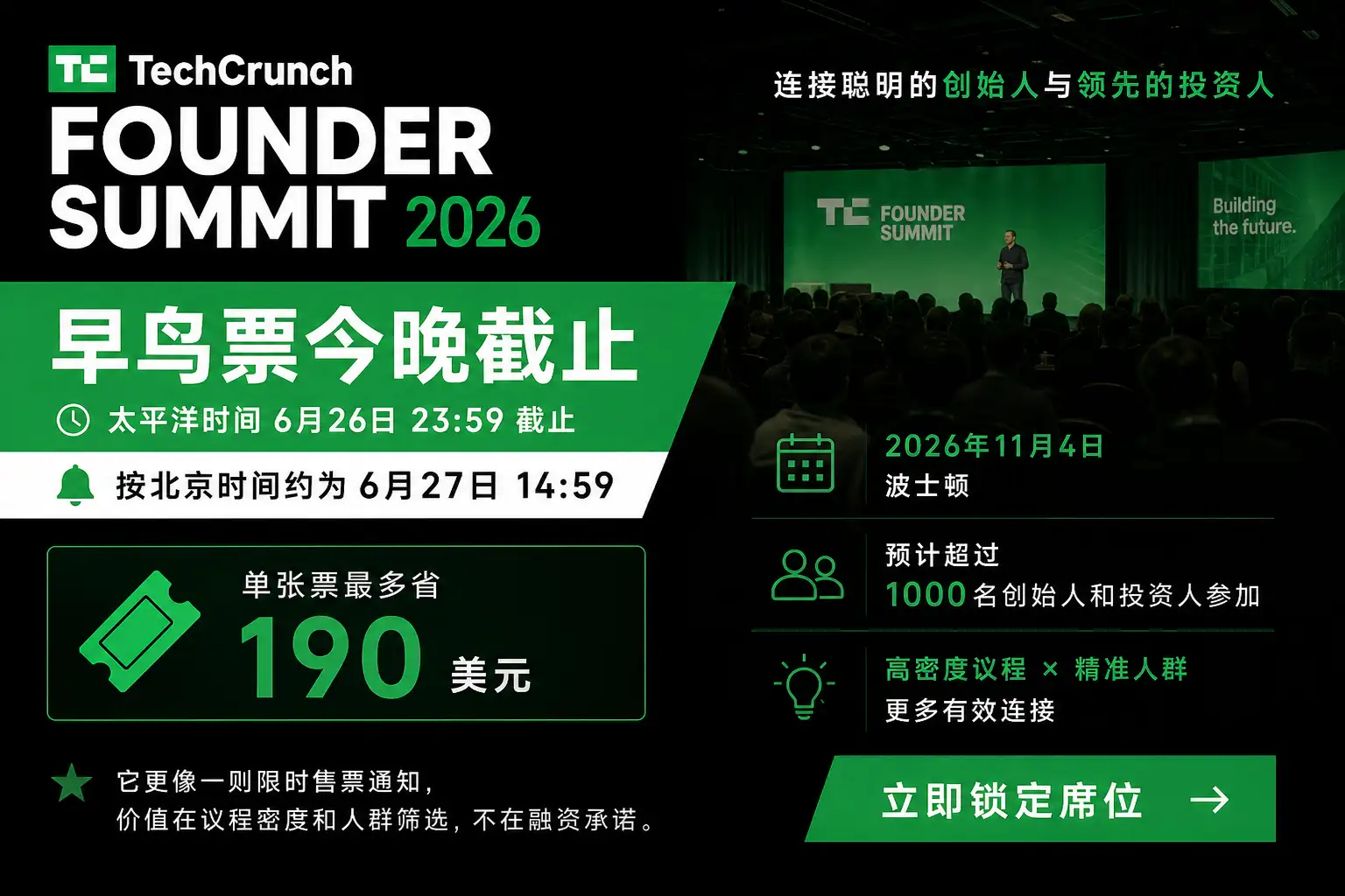 TechCrunch Founder Summit 2026早鸟票今晚截止：最多省190美元，但别把门票当融资捷径