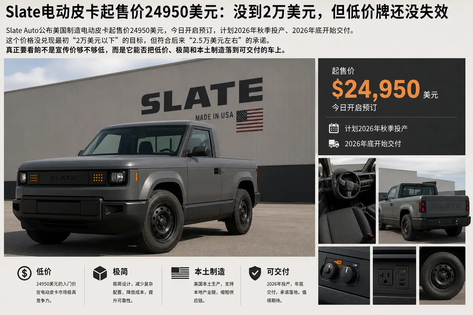 Slate电动皮卡起售价24950美元：没到2万美元，但低价牌还没失效