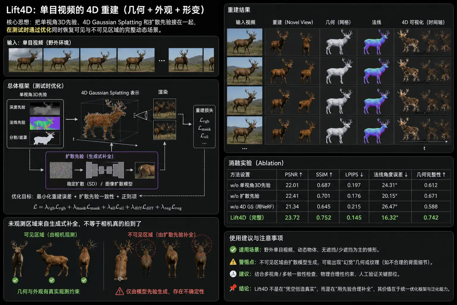 Lift4D做单目4D重建：看不见的背面，开始由扩散模型来补