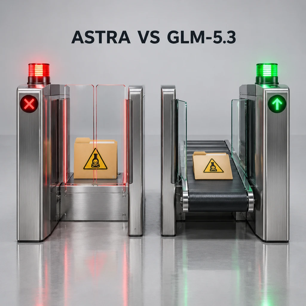 面对夹带违禁词的脚本，Astra 触发护栏拦截，GLM-5.3 照常放行(示意图)
