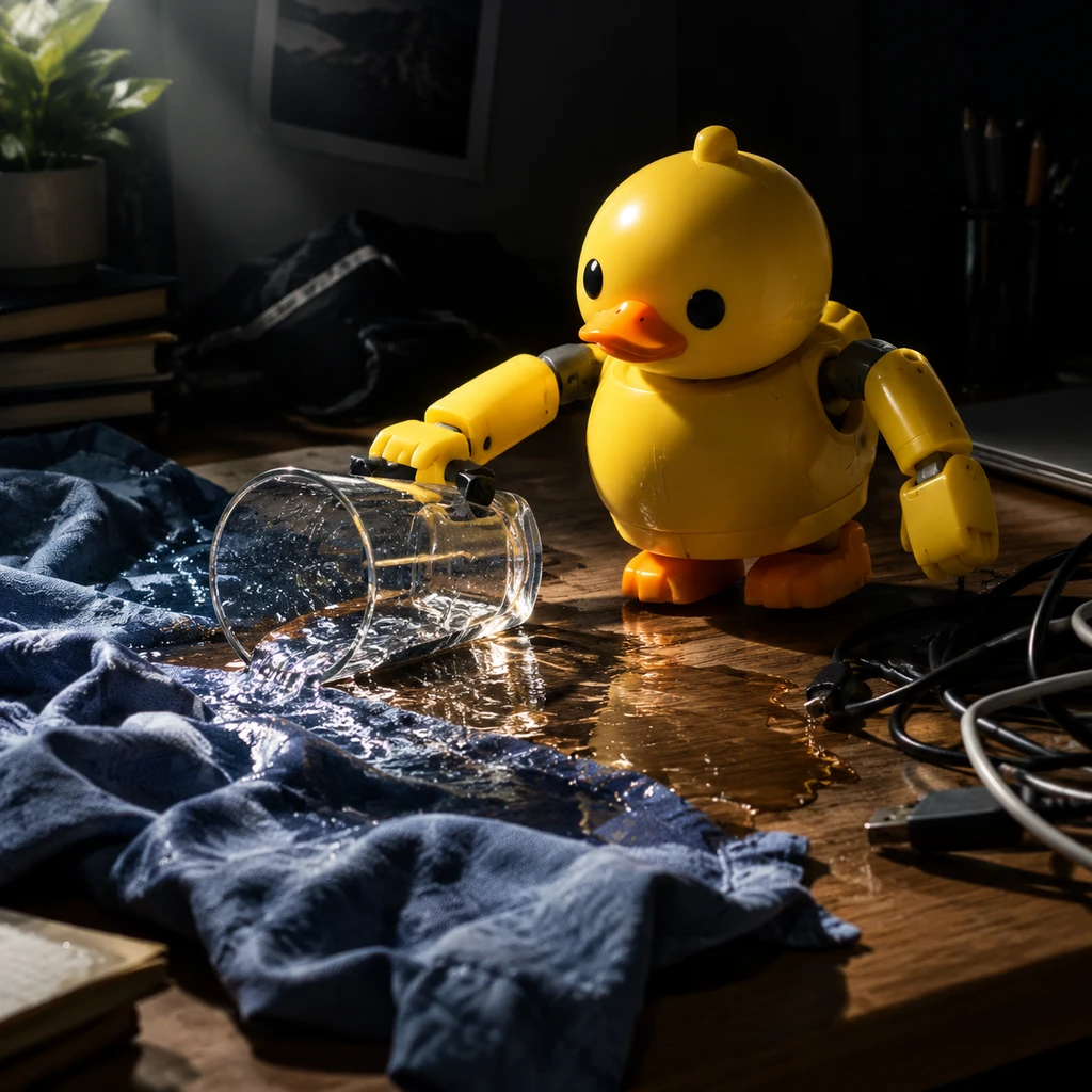 依赖云端延迟轨迹的玩具机器人，在操作中撞翻了水杯