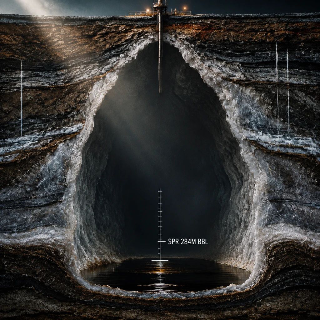 地下盐穴储量跌至2.84亿桶，逼近44年最低水位与物理底线(剖面示意)