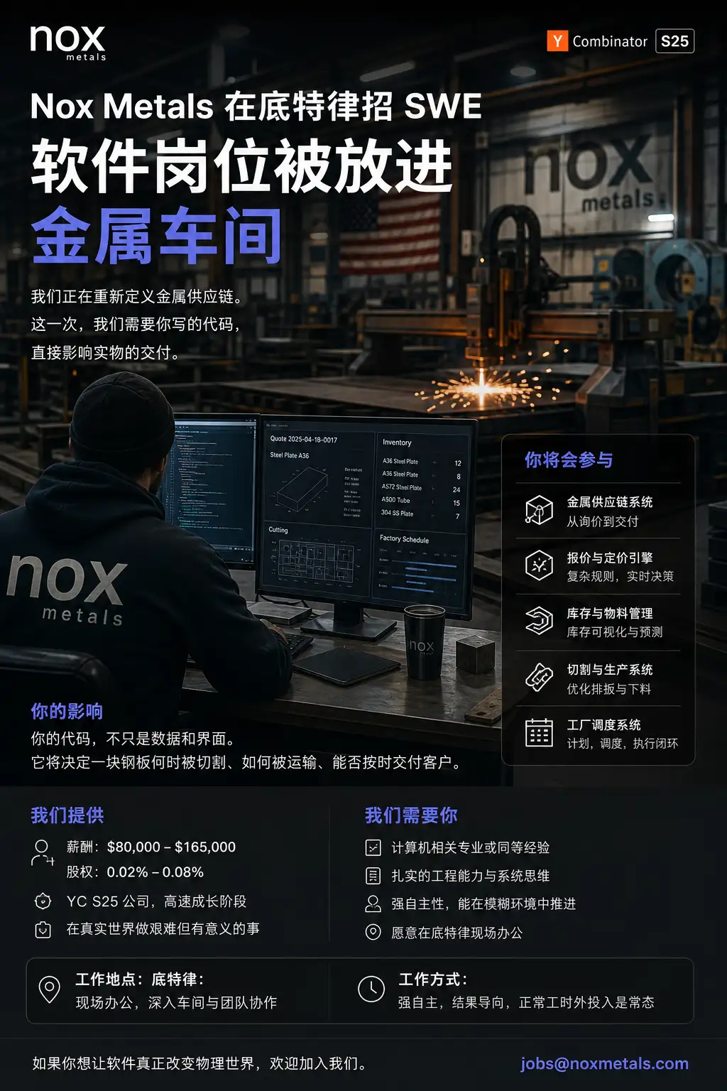 Nox Metals在底特律招SWE：软件岗位被放进金属车间