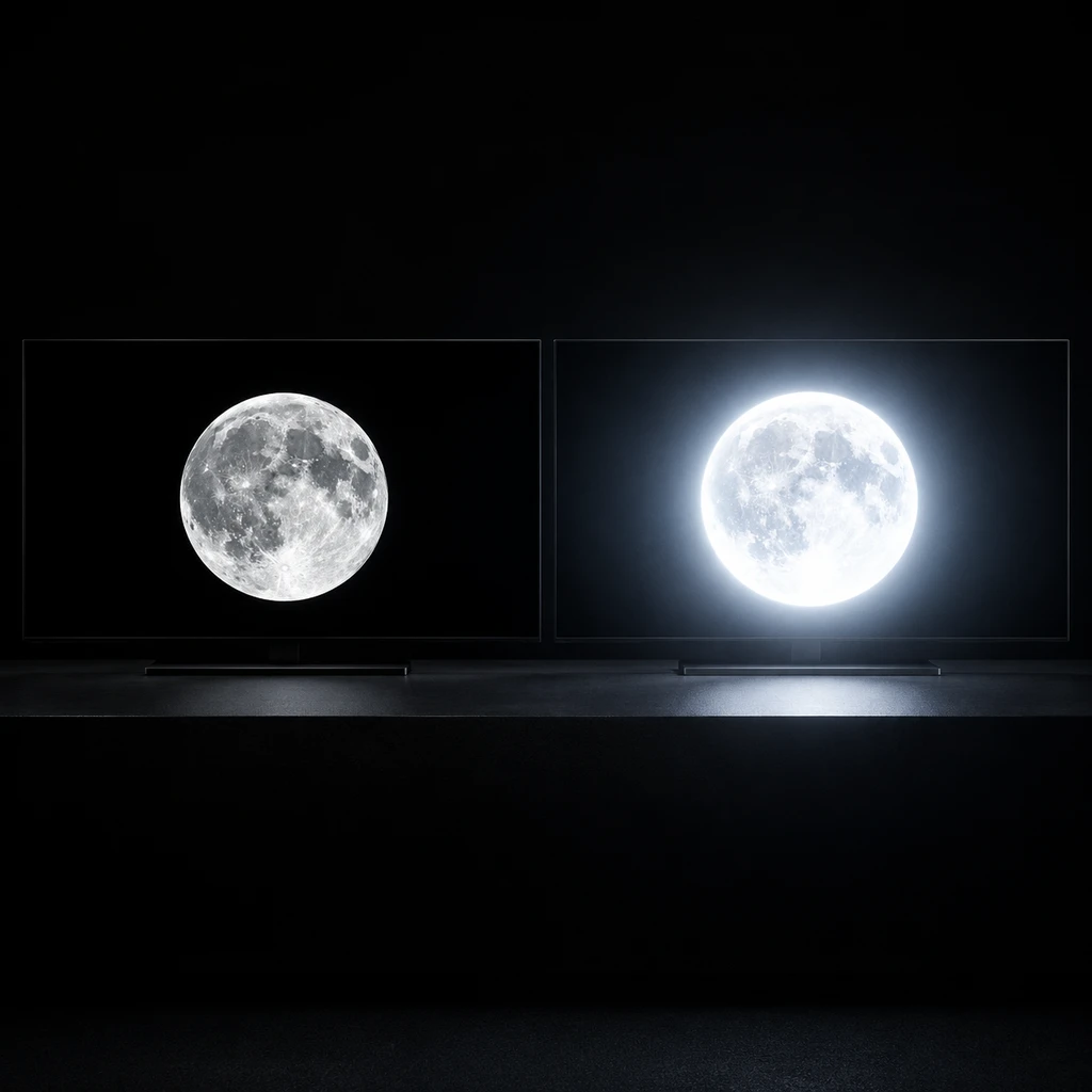 暗室严苛测试下，自发光纯黑与高亮光晕对比鲜明