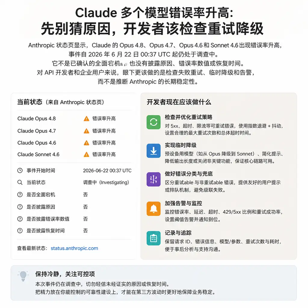 Claude 多个模型错误率升高：先别猜原因，开发者该检查重试和降级