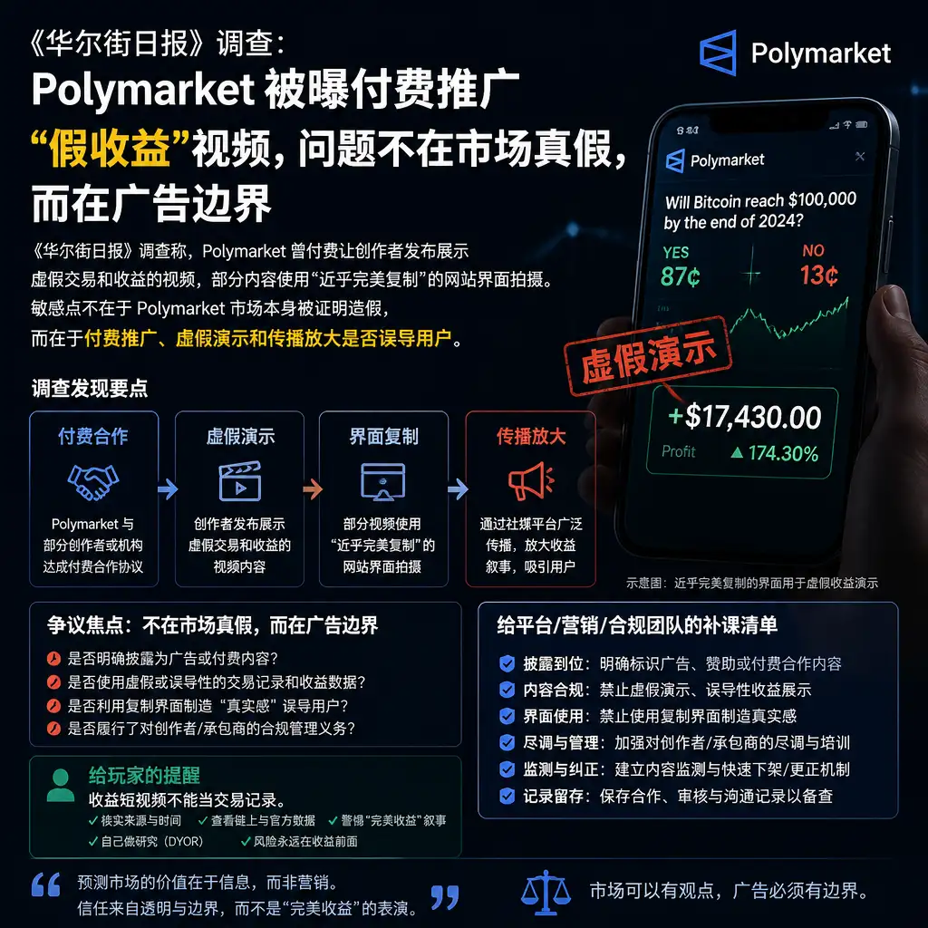 Polymarket 被曝付费推广“假收益”视频，问题不在市场真假，而在广告边界