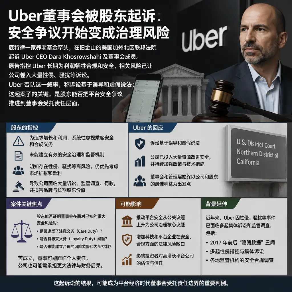 Uber董事会被股东起诉：安全争议开始变成治理风险