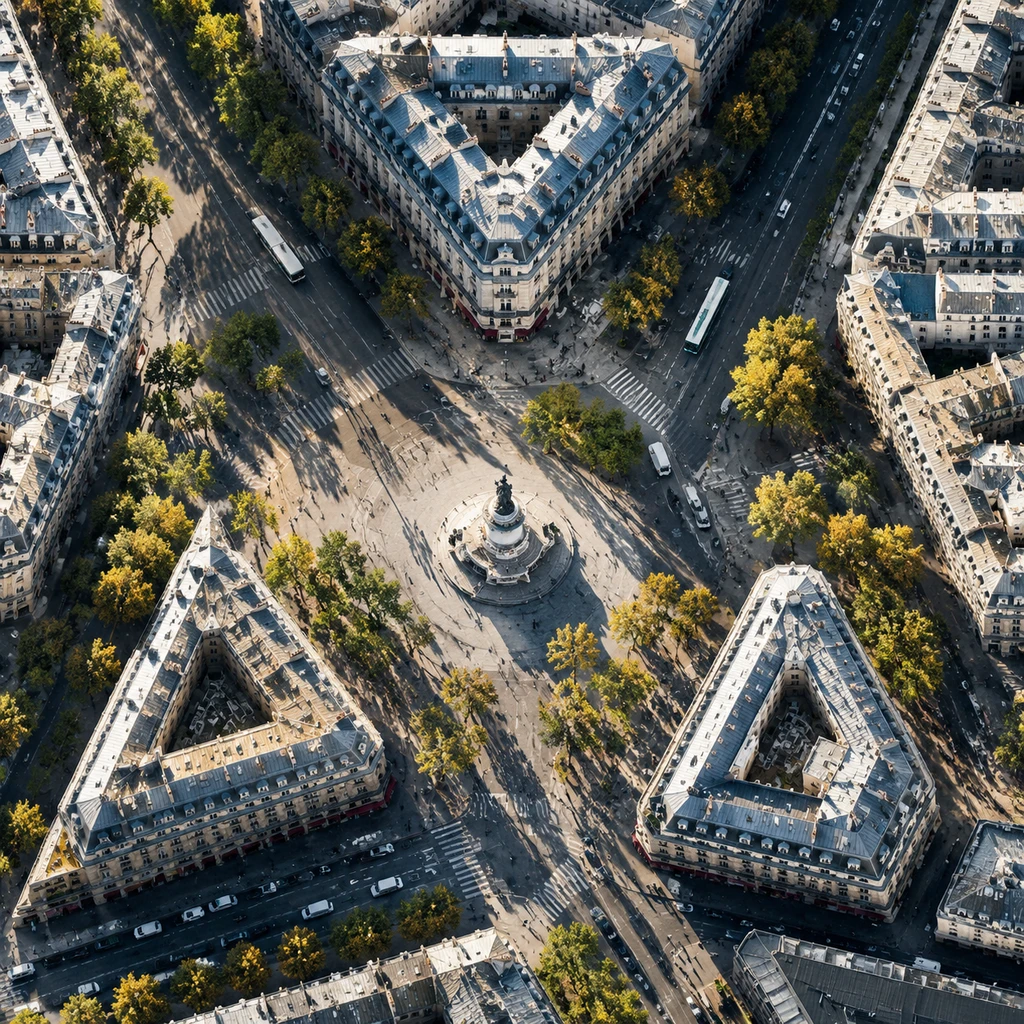 航拍共和国广场周边，三栋幸存历史建筑构成逆推视锥的物理坐标