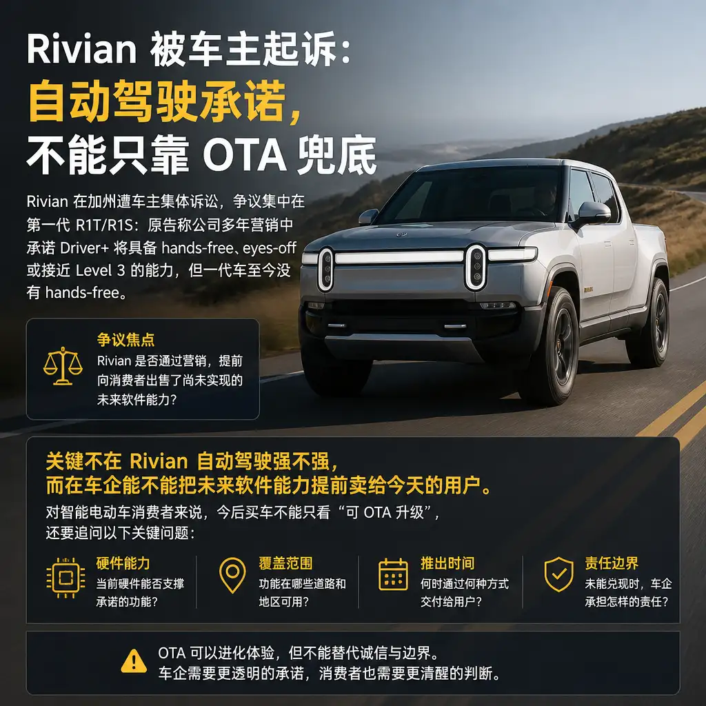 Rivian 被车主起诉：自动驾驶承诺，不能只靠 OTA 兜底