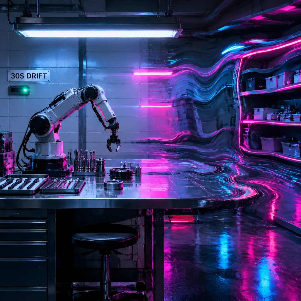 工作台右侧随时间推移发生物理波纹扭曲，呈现长程生成漂移