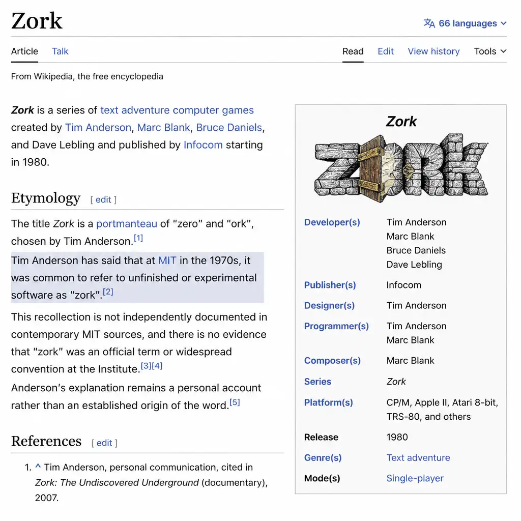 《Zork》名字来源改写维基：那个“MIT 术语”说法该降一档了