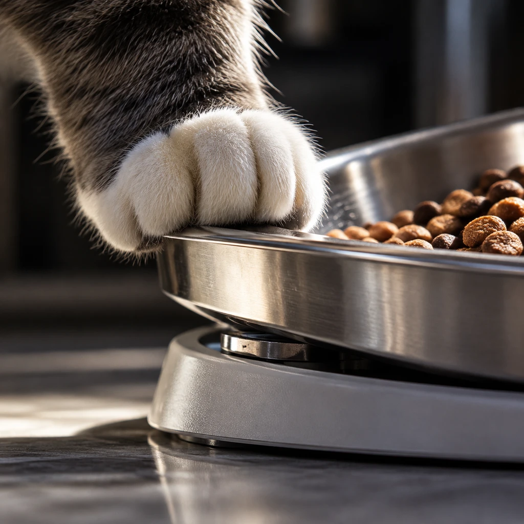 猫爪压在食盆边缘借力进食，称重传感器当场失真