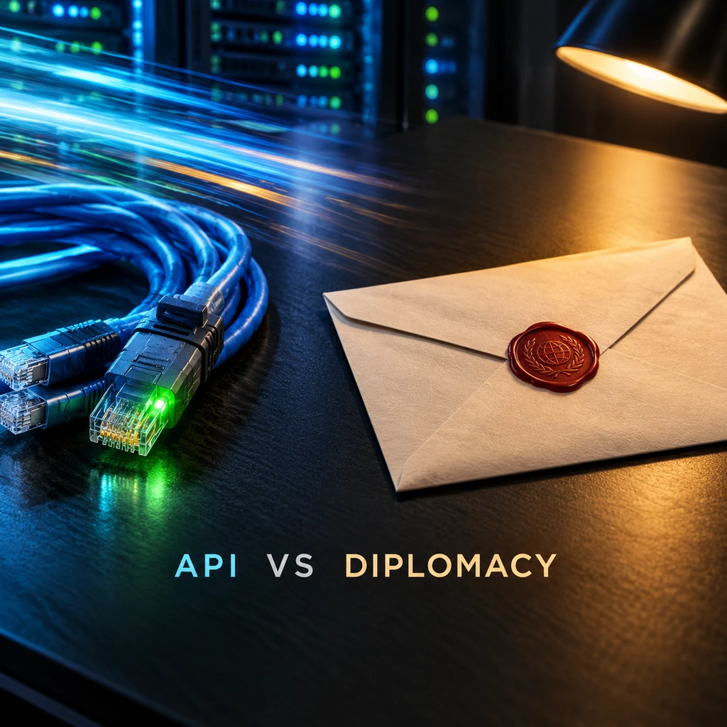 毫秒级网络接口与传统外交公函并置，折射协同鸿沟(示意图)