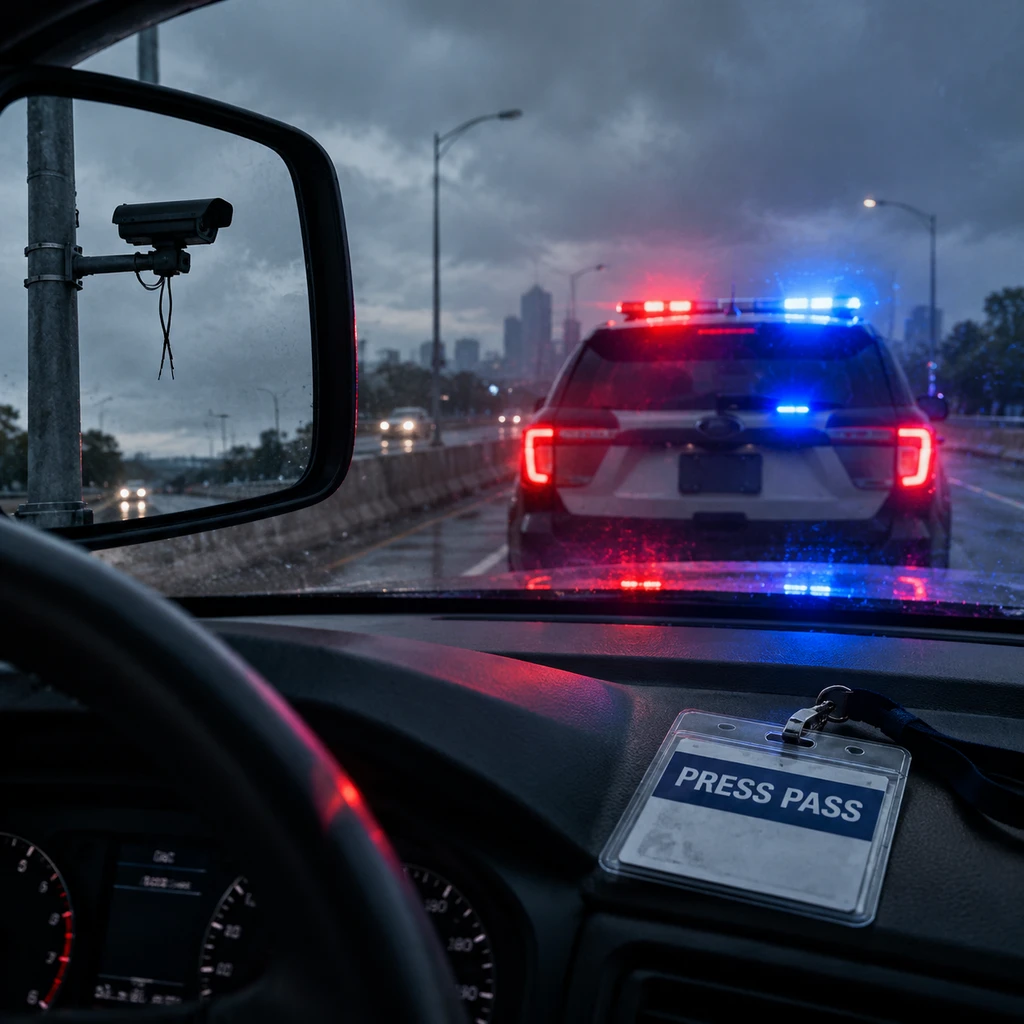 调查记者在公共道路记录监控安装，随即遭三辆警车拦停盘查