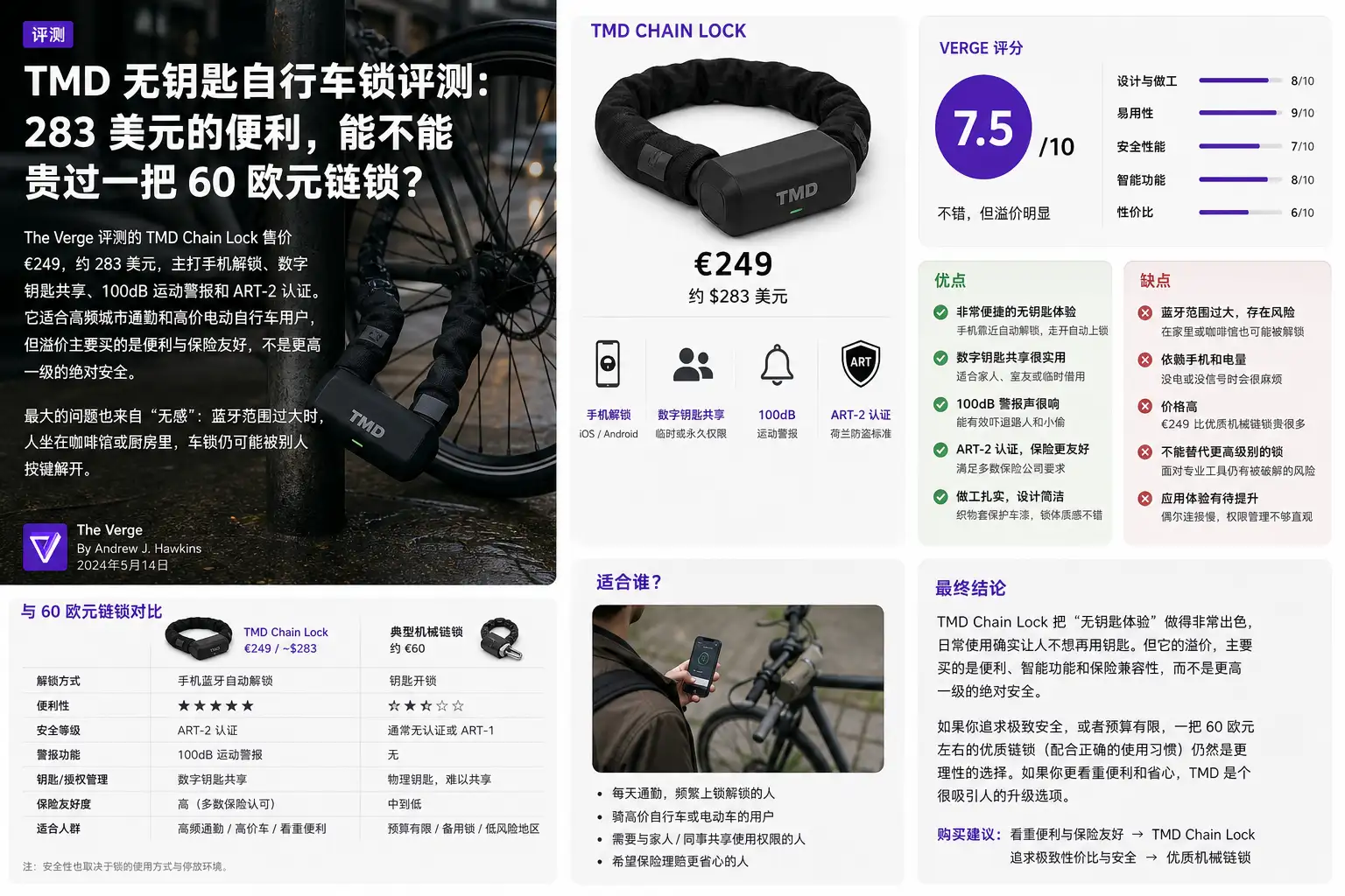 TMD 无钥匙自行车锁评测：283 美元的便利，能不能贵过一把 60 欧元链锁？