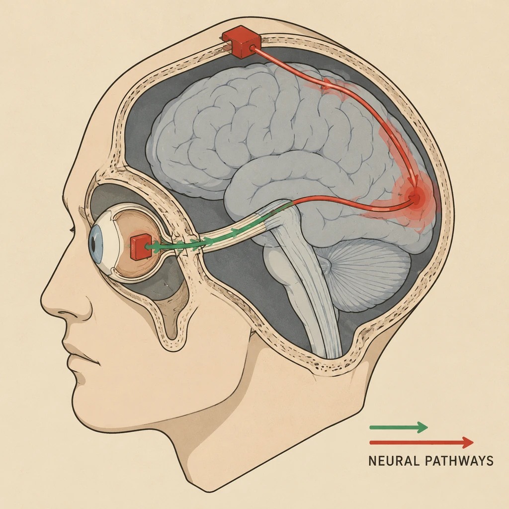 芯片绕开颅骨直连视神经，与 Neuralink 侵入枕叶皮层截然不同(剖面示意)