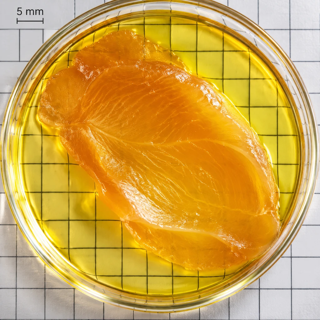 浸润六小时后鸡胸肉呈现半透明质感，下方垫着的网格线清晰可见